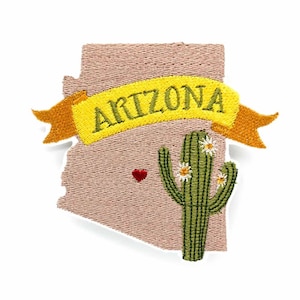 May include: Embroidered patch featuring the outline of Arizona with a yellow banner reading "Arizona" and a green cactus with white flowers.