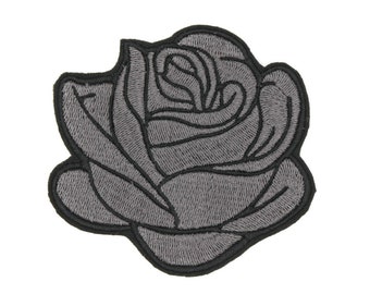 Large Gray and Black Rockabilly Rose Iron-On Embroidered Patch
