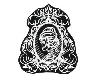 Viktorianisches Skelett Cameo Gothic schwarz und weiß Aufnäher gestickt