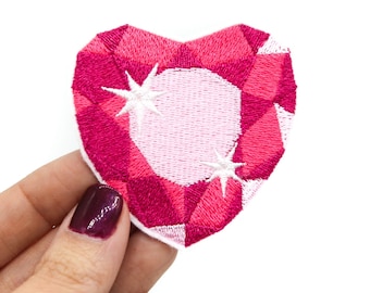 Pink Crystal Heart Embroidered Patch with Iron on Adhesive