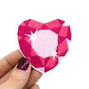 Pink Crystal Heart Embroidered Patch with Iron on Adhesive