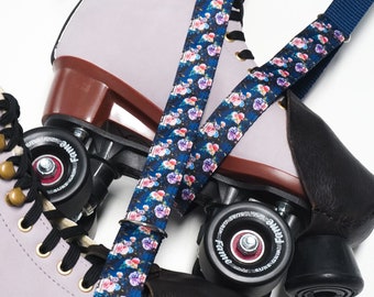 Vintage Purple & Peach Flowers Navy Blue  Roller Skate Leash with D Rings - Adjustable - Yoga Mat Strap - Skateboard Sling