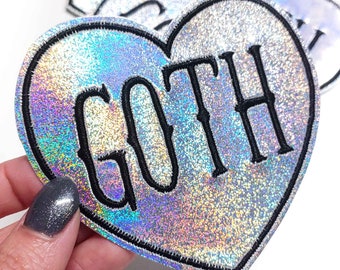 Goth Holographic Vinyl Glitter Heart Iron On Embroidered Patch