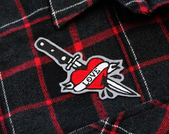 Love Hurts Knife in Heart Iron On Embroidered Patch