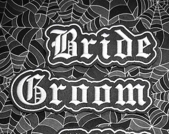 Aangepaste zwarte nepleer gotische bruiloft geborduurde patch - bruid, bruidegom, bruidsfeest, bruiloft coven
