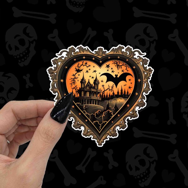 Sticker vinyle coeur maison hantée d'Halloween