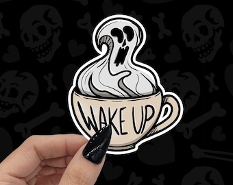 Wake Up Coffee Ghost Vinyl Sticker - Vinyl, Machine Die Cut & Water Resistant