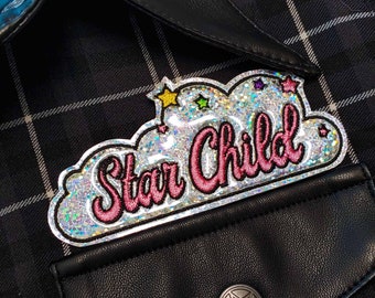 Star Child Cloud Silver Glitter Holographic Embroidered Patch