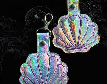 Purple and Holographic Seashell Embroidered Keychain - Rainbow Holographic Vegan Leather with Silver Hardware
