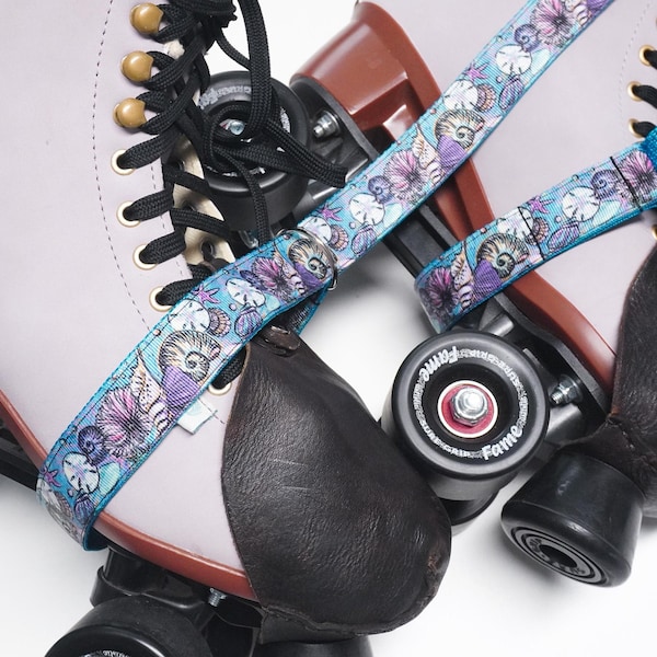Ocean Seashells Teal  Roller Skate Leash with D Rings - Adjustable - Yoga Mat Strap - Skateboard Sling