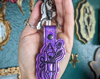 Crystal & Lavender Keychain - Purple Holographic Sparkle Vinyl with Gunmetal Hardware