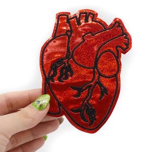 Red Holographic Glitter Anatomical Heart Vinyl Iron On Embroidered Patch