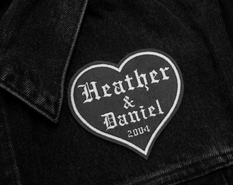 Custom Name 3.5" Gothic Heart Iron On Embroidered Patch on Black Vegan Leather