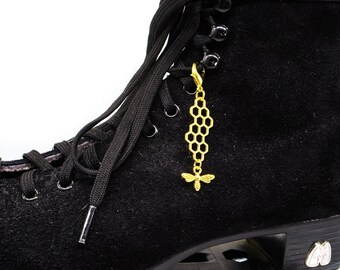 Gold Bee & Honeycomb Skate Charm  - Shoe Charms Zipper Pulls Bag Charm, Stitch Marker