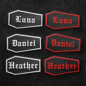 Custom 4.25&quot; Gothic Name Coffin Iron On Embroidered Patch on Black Vegan Leather