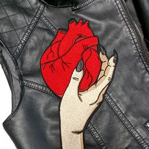 Large Vampire Hand Holding Heart Iron On Embroidered Back Patch