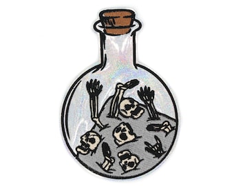 Großer holografischer Aufnäher mit Skeletten in einer Flasche
