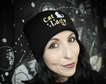 Cat Lady Embroidered Black Beanie Hat