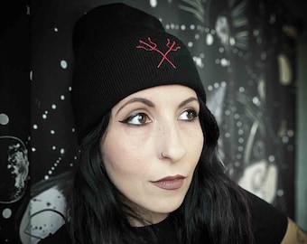 Slime Moon Embroidered Black Beanie Hat