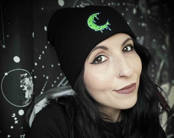 Slime Moon Embroidered Black Beanie Hat