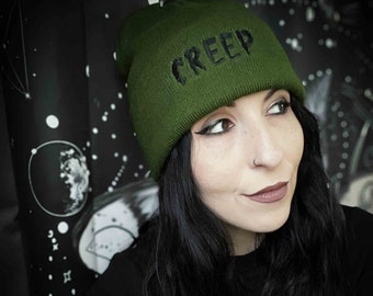 Creep Embroidered Olive Green Beanie Hat