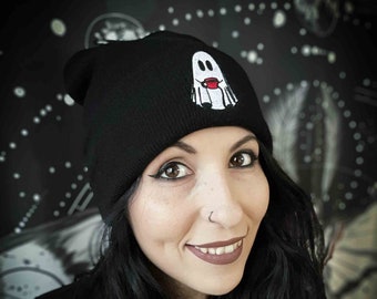 Caffeinated Ghost Embroidered Black Beanie Hat