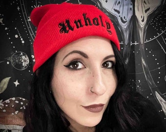 Unholy Embroidered Red Beanie Hat