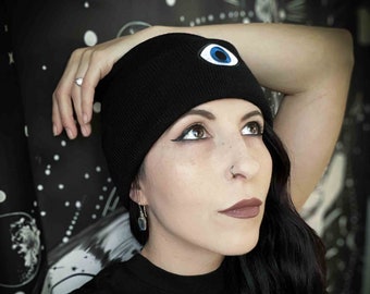 Third Blue Eye Embroidered Black Beanie Hat