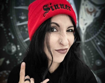 Sinner Embroidered Red Beanie Hat