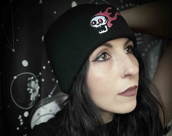 Flaming Skull Embroidered Black Beanie Hat