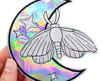 Moth and Moon Holographic Vinyl Iron On Embroidered Patch