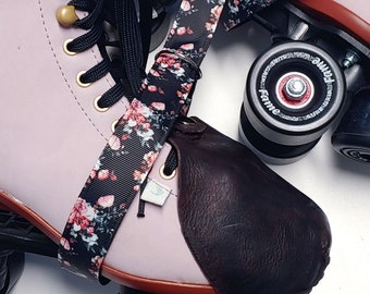 Dark Floral Print Roller Skate Leash with D Rings - Adjustable -  Yoga Mat Strap - Skateboard Sling