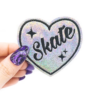 Skate Heart Holographic Glitter Vinyl Iron On Embroidered Patch