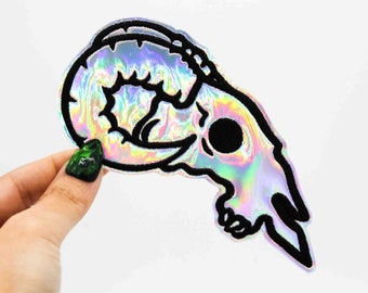 Holographic Silver Ram Skull Embroidered Iron-On Patch