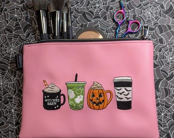 Spooky Coffee Drinks Light Pink Flat Zip Pouch with Gunmetal Hardware