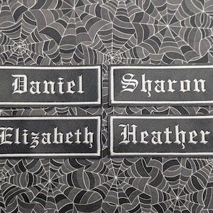 4.5&quot; Gothic Custom Name Embroidered Iron On Patch on Black Vegan Leather Rectangle