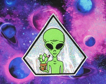 Alien Holding Cactus Plant Holographic Glitter Vinyl Iron On Embroidered Patch