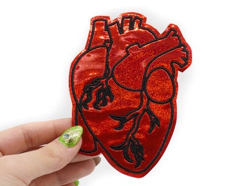 Red Holographic Glitter Anatomical Heart Vinyl Iron On Embroidered Patch