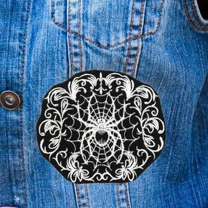 Spiderweb Filigree Gothic Black and White Iron On Embroidered Patch