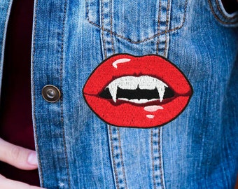 Vampire Kiss Iron On Embroidered Patch - Red and Black