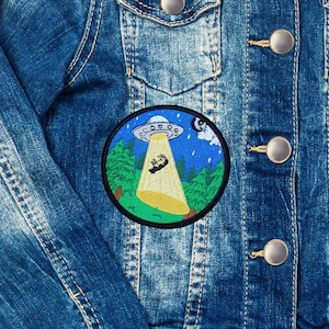 UFO Alien Cow Abduction Embroidered Iron On Patch