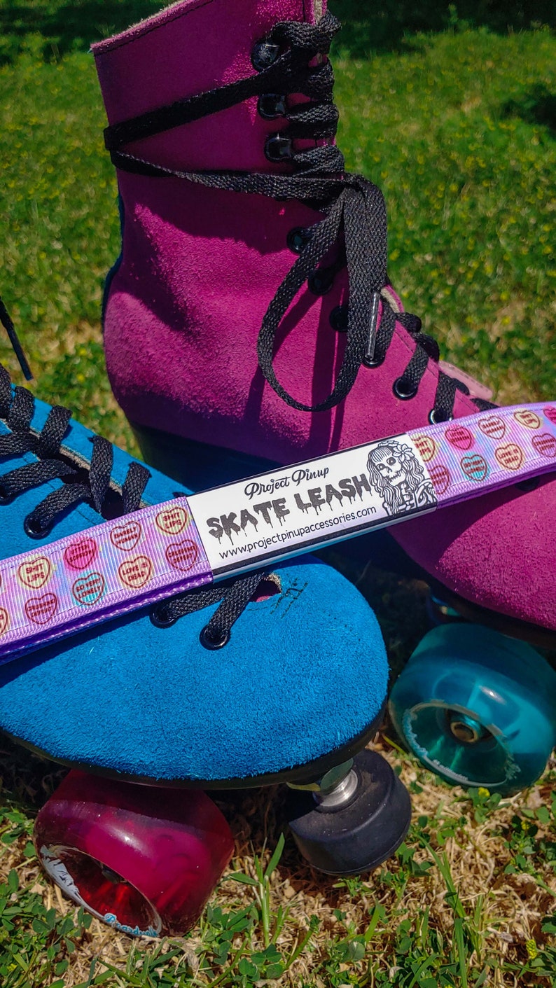 Lavender Rude Candy Hearts Roller Skate Leash with D Rings Adjustable Yoga Mat Strap Skateboard Sling image 1