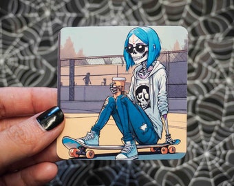 Skater Girl with Coffee Sticker - Vinyl, Machine Die Cut & Water Resistant