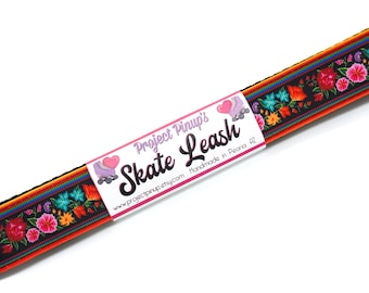 Mexican Floral Black Roller Skate Leash with D Rings - Adjustable - Yoga Mat Strap - Skateboard Sling