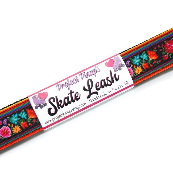 Mexican Floral Black Roller Skate Leash with D Rings - Adjustable - Yoga Mat Strap - Skateboard Sling