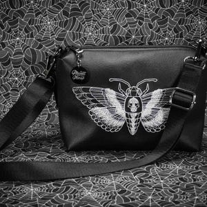 Black Embroidered Death Head Moth Small Crossbody Bag – Handmade, Vegan Leather, Gunmetal Hardware
