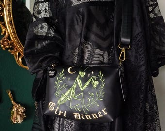 Girl Dinner Praying Mantis Black Small Crossbody Bag - Handmade, Vegan Leather, Embroidery, Brass Hardware