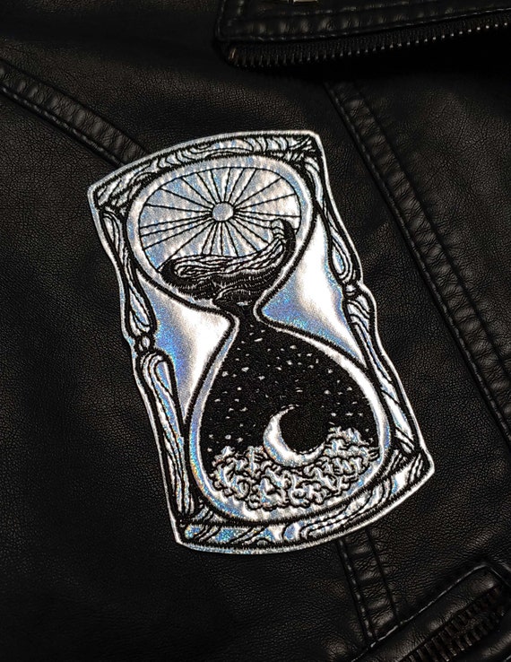 Large Sun & Moon Hourglass Holographic Glitter Vinyl Iron On Embroidered Patch