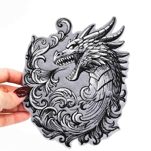 Gray Filigree Dragon Embroidered Iron on Patch