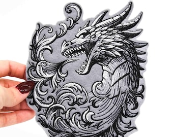 Gray Filigree Dragon Embroidered Iron on Patch